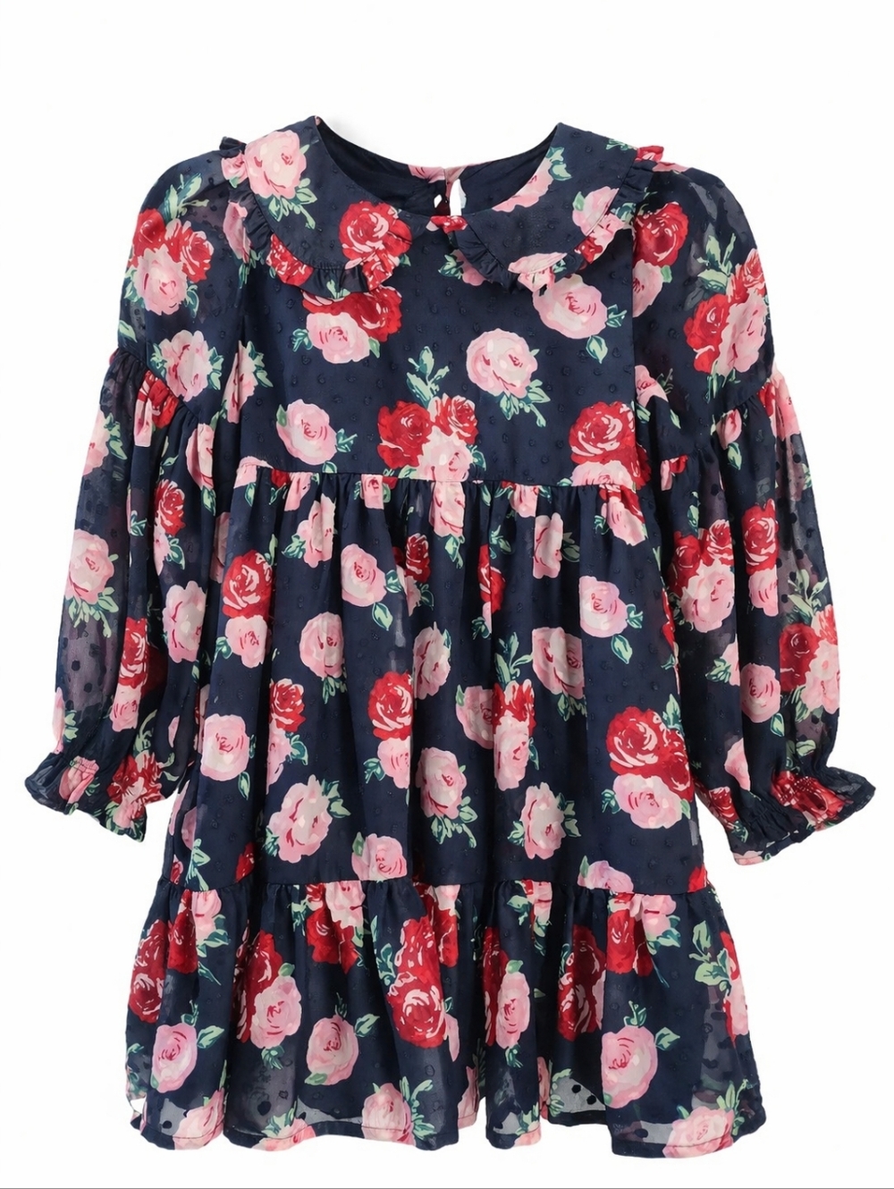 Janie and Jack Girls Floral Dress Navy Rose Print Size 5 Peter Pan Collar